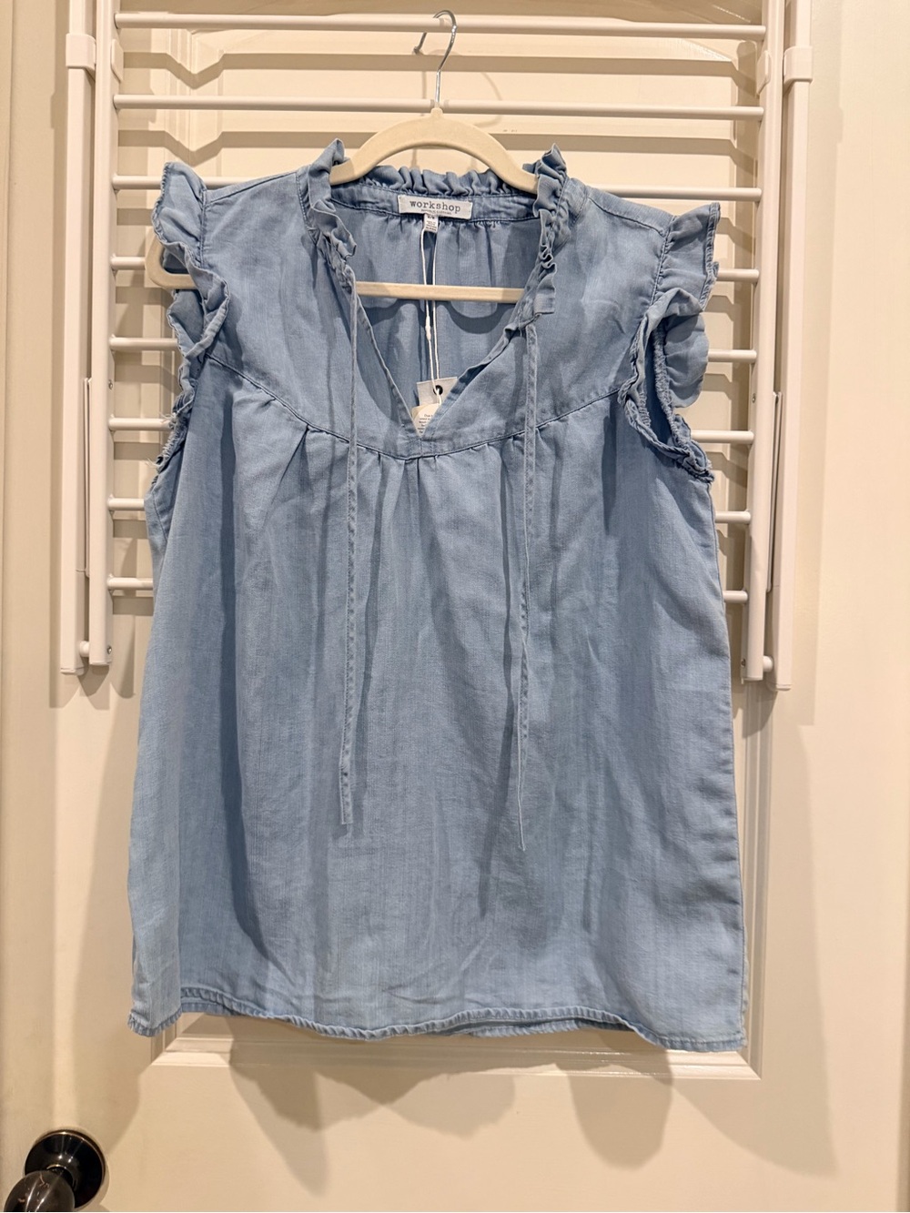 Workshop Republic Clothing Light Blue Chambray Ruffle Tie-Front Cami